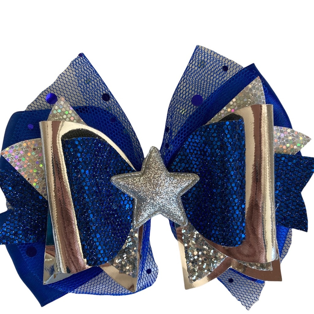 Handmade Star Hair Bow Kids Girls Blue Faux Leather
